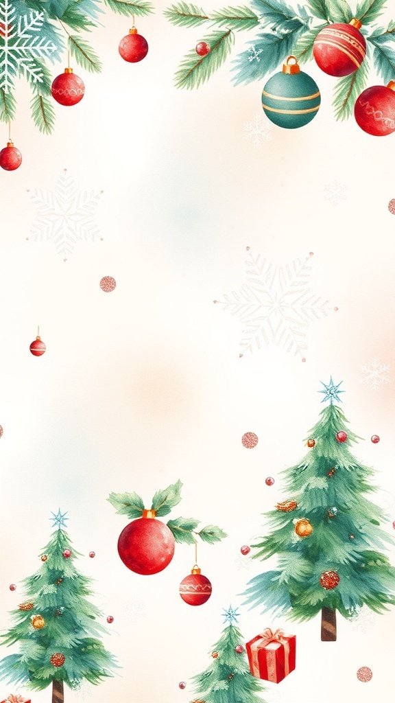 Watercolor Christmas Wallpaper Design Watercolor Christmas wallpaper design with snowflakes and Christmas trees in soft colors.
